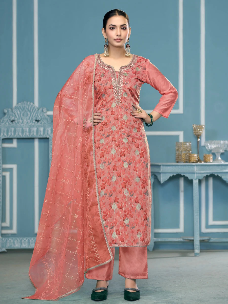Designer Printed Organza Suit | Embroidered & Hand Work