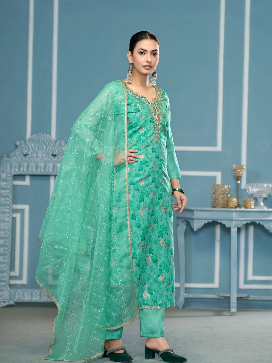 Designer Printed Organza Suit | Embroidered & Hand Work