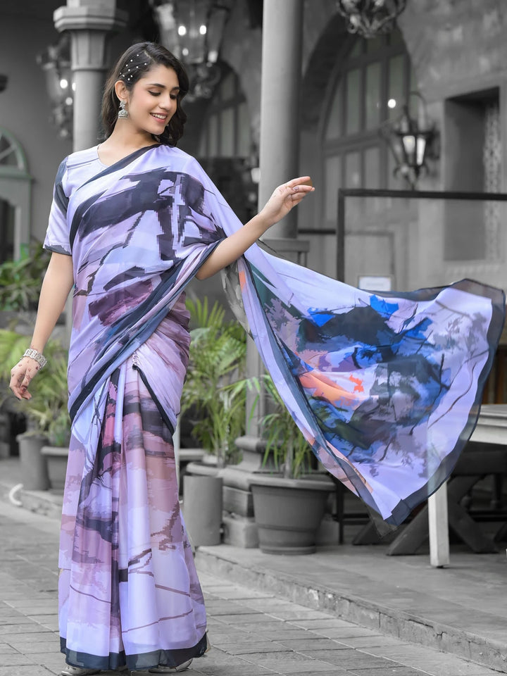 Graceful  Designer Digital Print Saree | Light Gray Georgette Grace