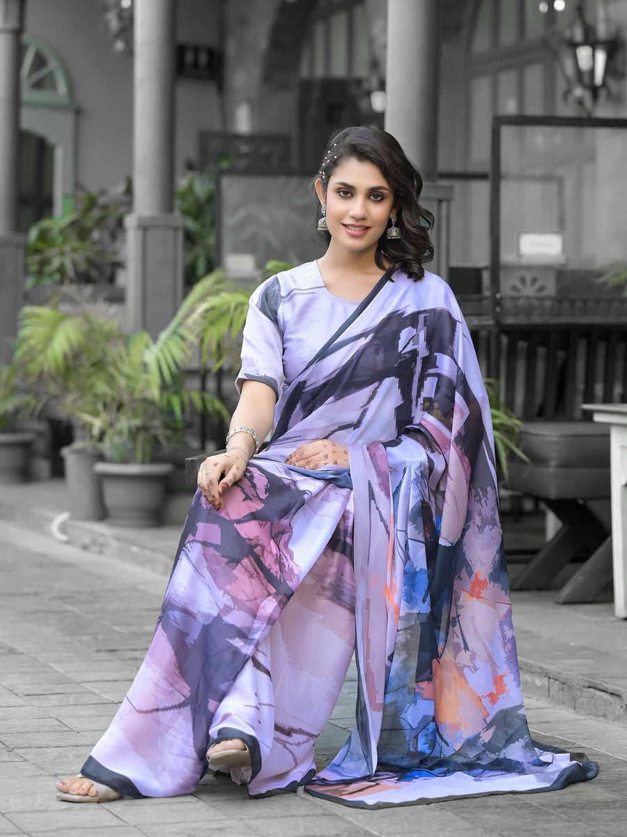 Graceful  Designer Digital Print Saree | Light Gray Georgette Grace