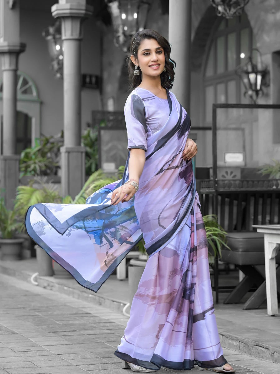Graceful  Designer Digital Print Saree | Light Gray Georgette Grace