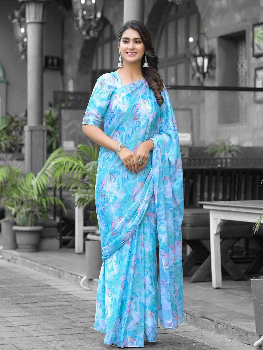 Comfortable Sky Blue Digital Print Saree | Designer Georgette Blouse