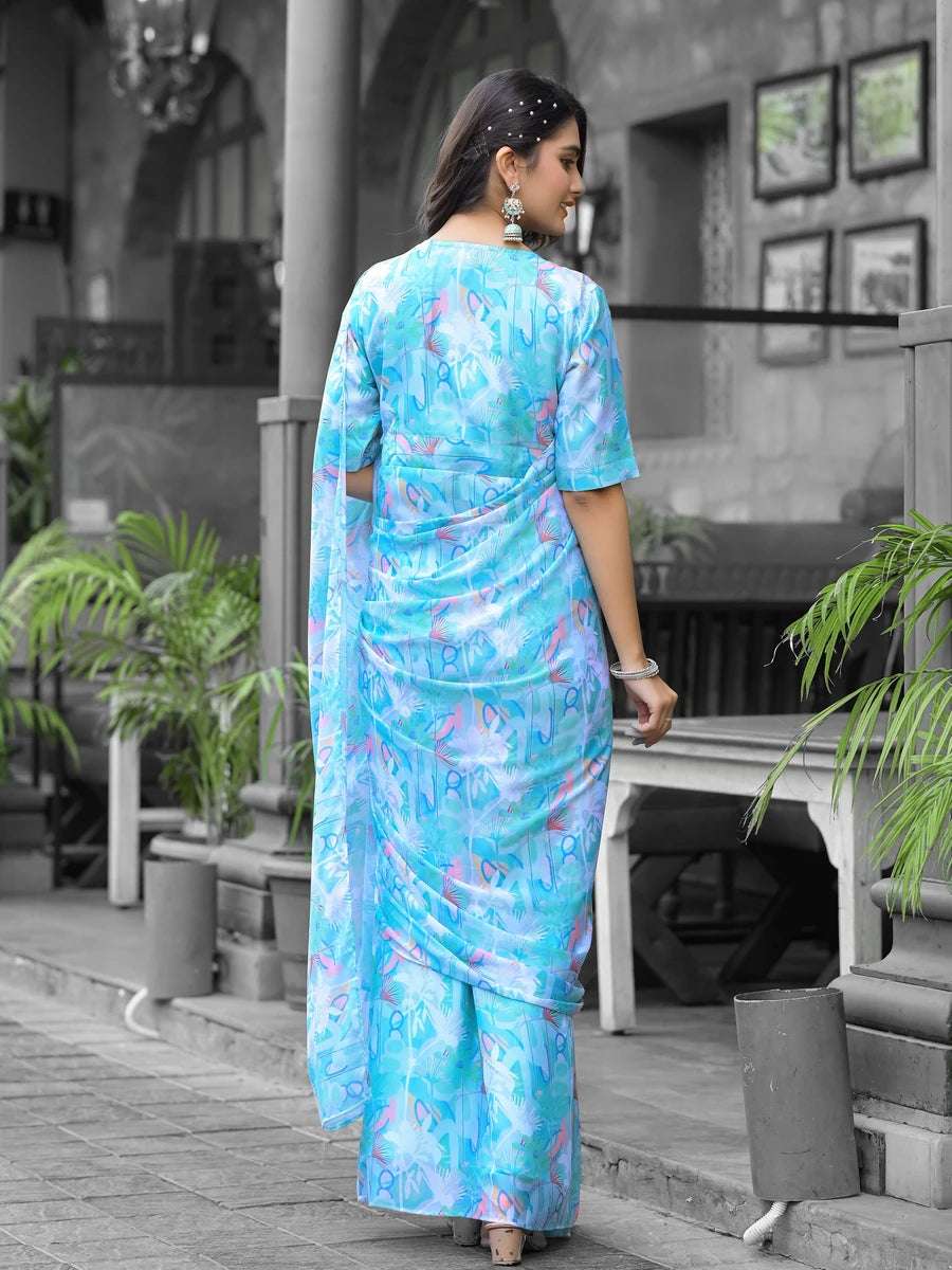 Comfortable Sky Blue Digital Print Saree | Designer Georgette Blouse
