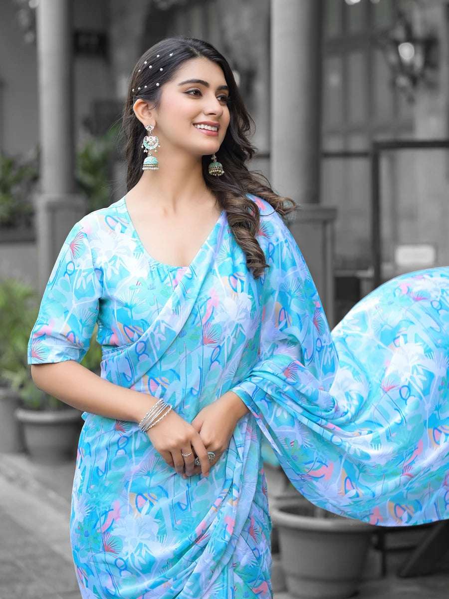 Comfortable Sky Blue Digital Print Saree | Designer Georgette Blouse