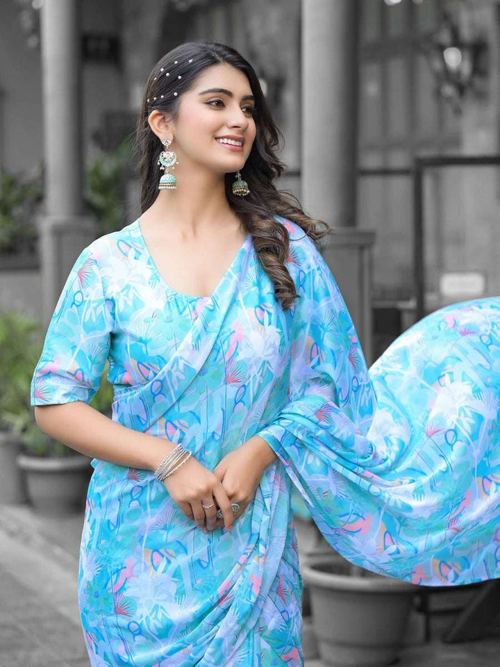Comfortable Sky Blue Digital Print Saree | Designer Georgette Blouse