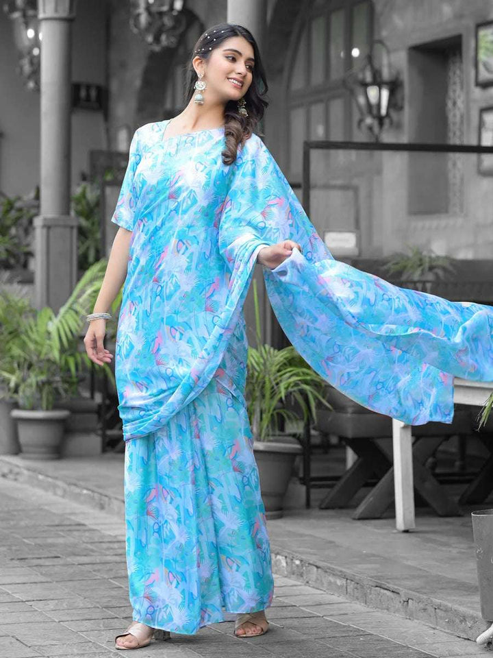 Comfortable Sky Blue Digital Print Saree | Designer Georgette Blouse