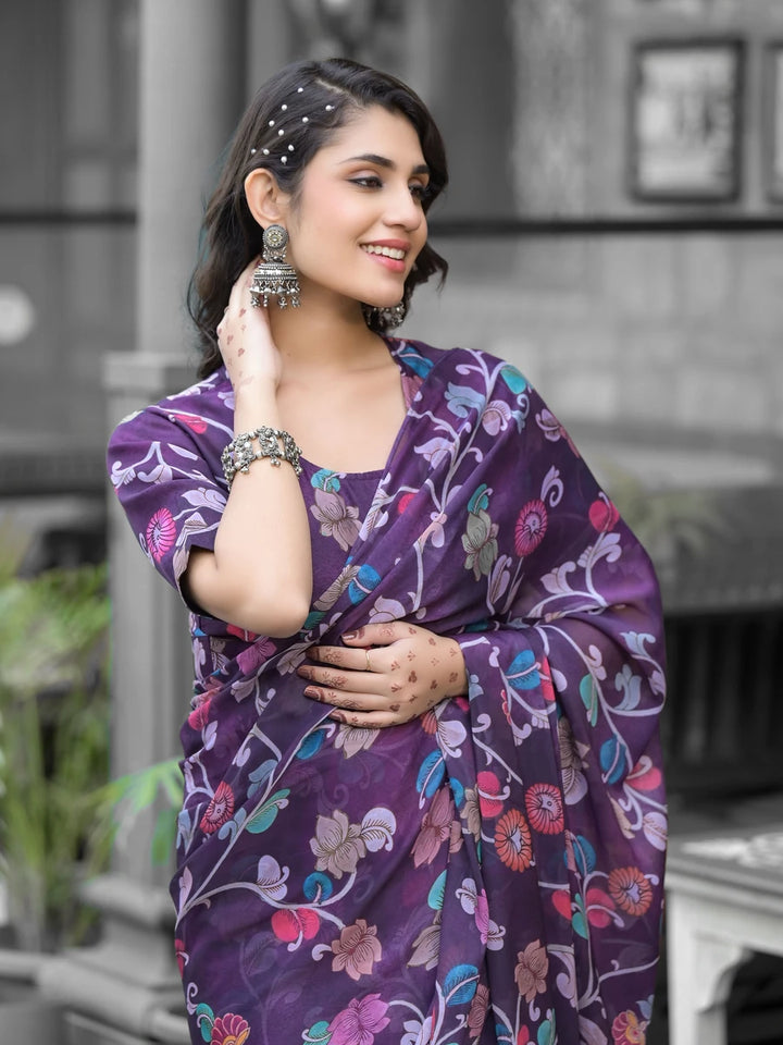 Violet Georgette Saree | Stunning Designer Digital Print Work