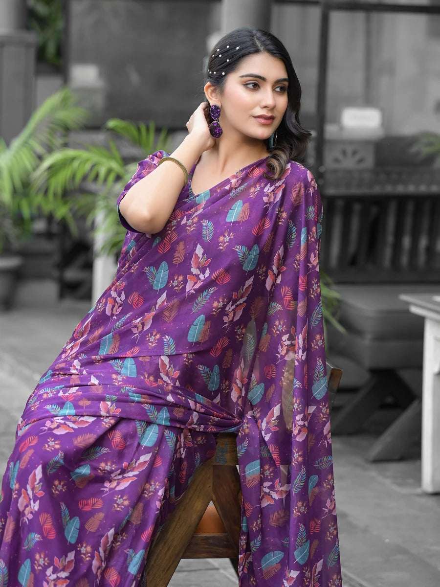 Luxe Purple Saree | Georgette & Digital Print for Party Look