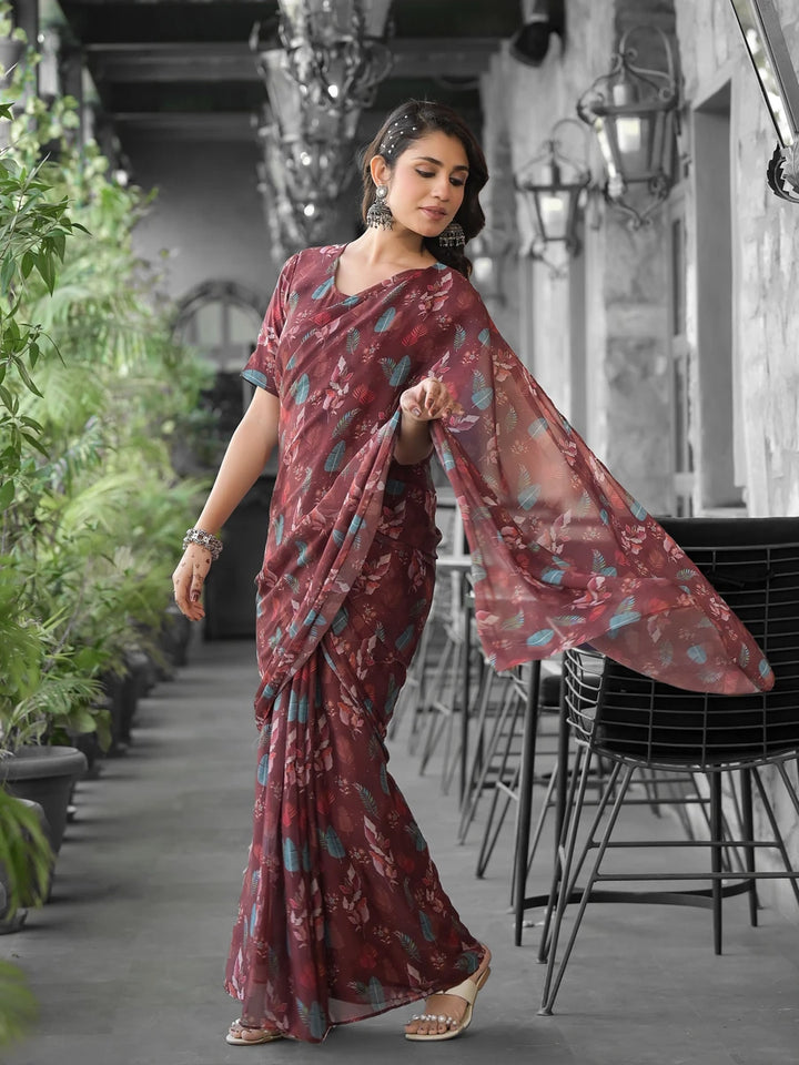 Beautiful Wine Georgette Saree | Stunning Digital Print Party Wear Blouse