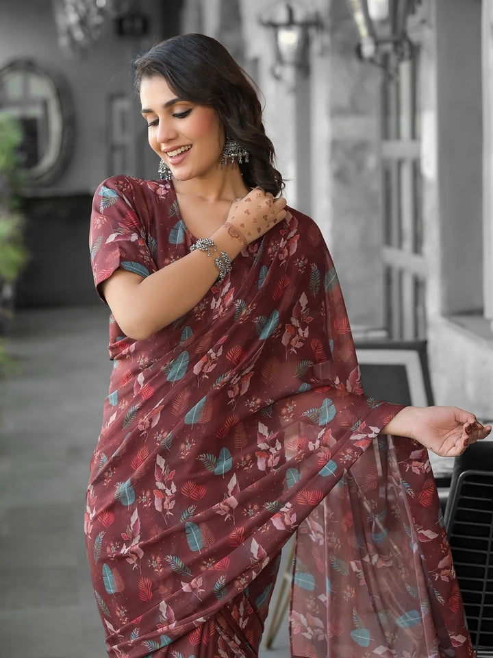 Beautiful Wine Georgette Saree | Stunning Digital Print Party Wear Blouse