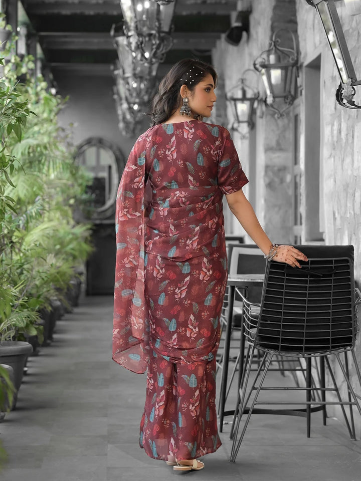 Beautiful Wine Georgette Saree | Stunning Digital Print Party Wear Blouse