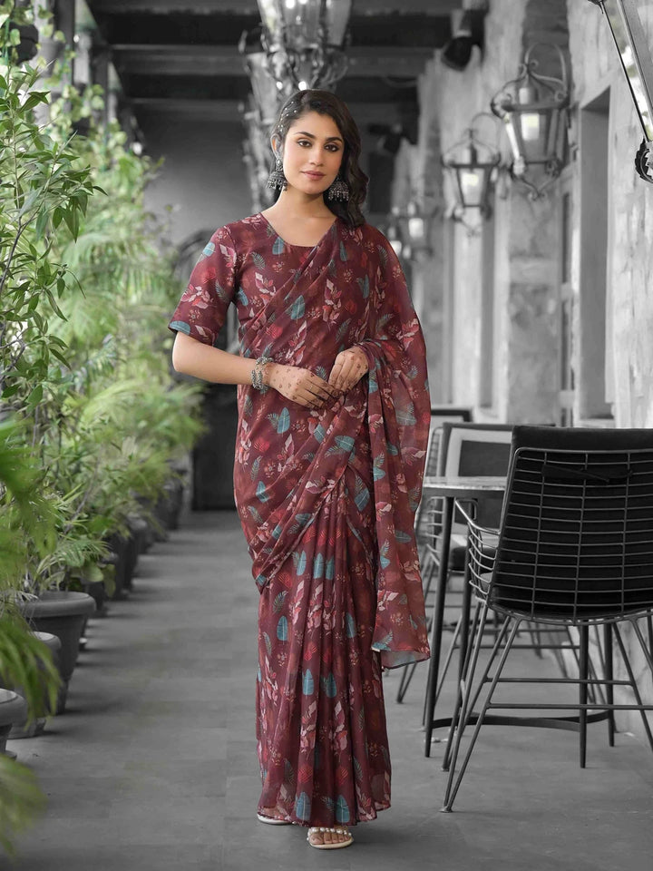 Beautiful Wine Georgette Saree | Stunning Digital Print Party Wear Blouse