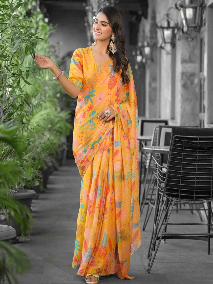 Premium Yellow Georgette Saree | Trendy Digital Print & Blouse Piece