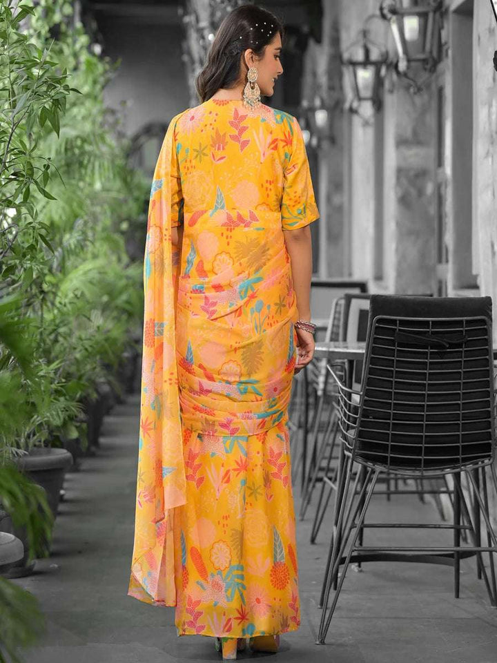 Premium Yellow Georgette Saree | Trendy Digital Print & Blouse Piece