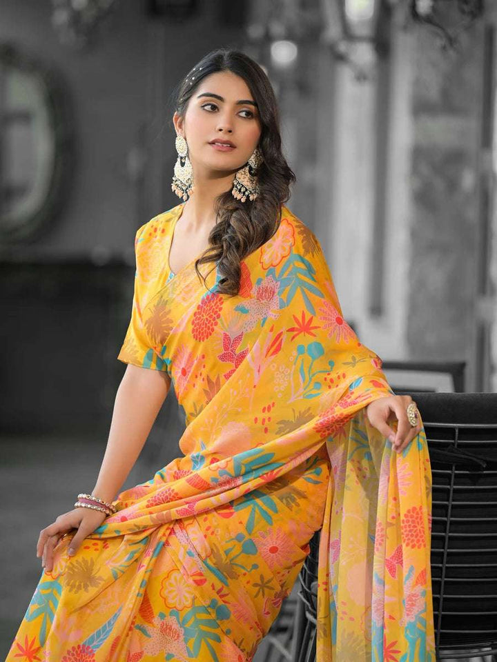 Premium Yellow Georgette Saree | Trendy Digital Print & Blouse Piece