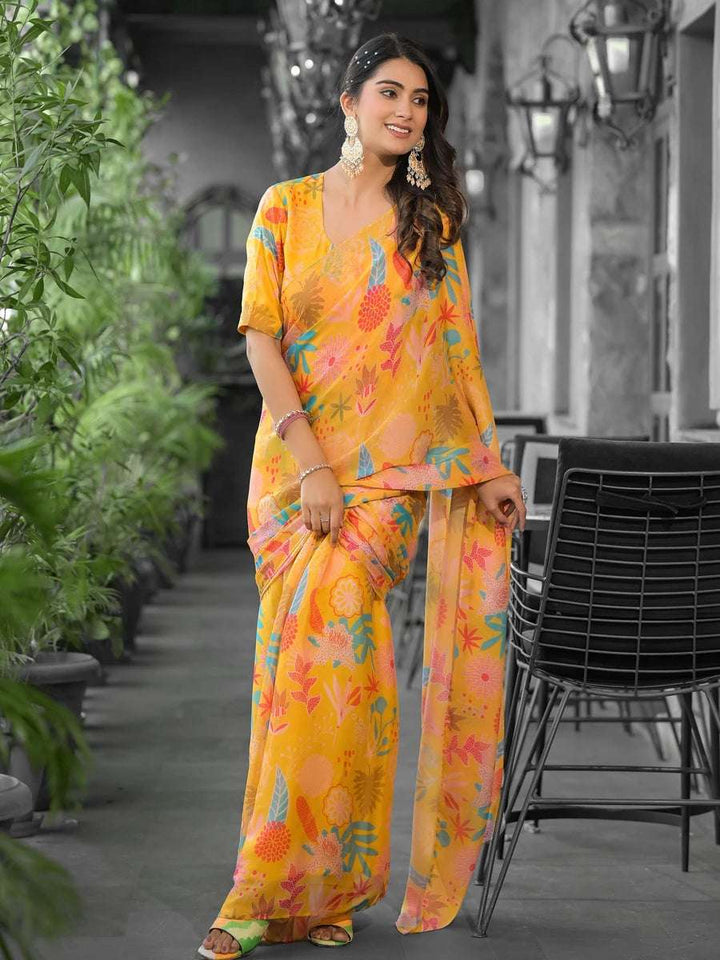 Premium Yellow Georgette Saree | Trendy Digital Print & Blouse Piece