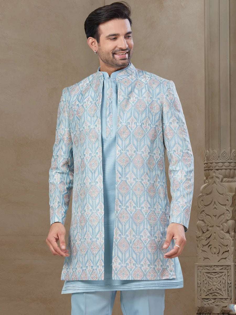 Stylish Sky Blue Indo Western Men's Set | Malai Silk & Mysore Silk Outfit