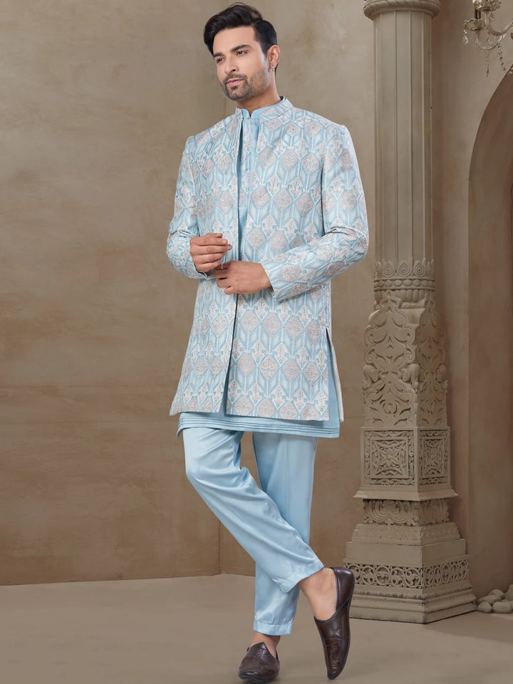 Stylish Sky Blue Indo Western Men's Set | Malai Silk & Mysore Silk Outfit