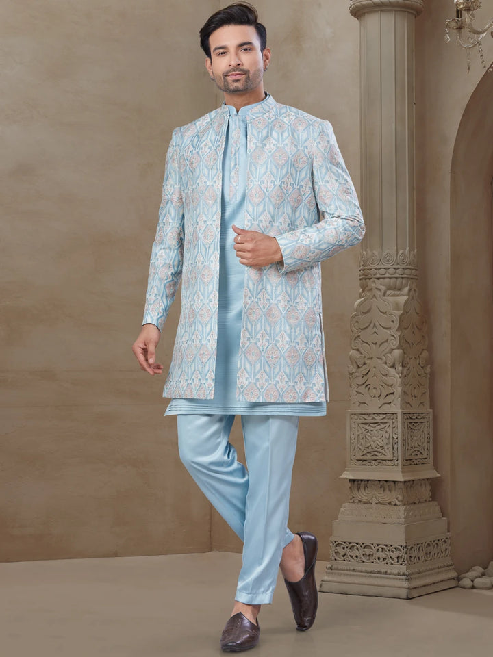 Stylish Sky Blue Indo Western Men's Set | Malai Silk & Mysore Silk Outfit