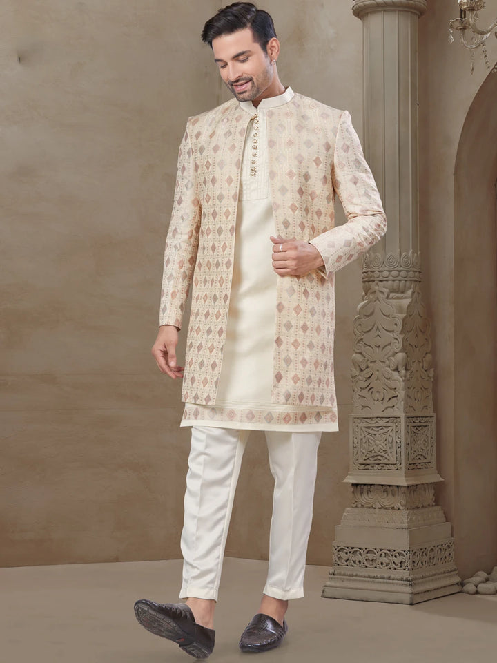 Ethnic Indo Western | Off White Set Position Printed Jacket
