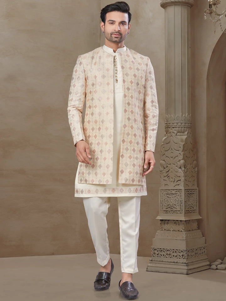 Ethnic Indo Western | Off White Set Position Printed Jacket