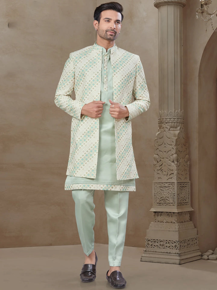 Premium Pista Green Ethnic Suit | Mysore Silk Jacket with Elegant Work