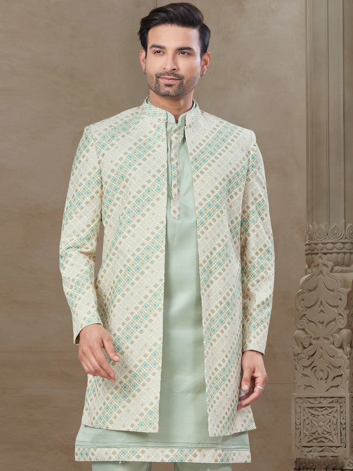 Premium Pista Green Ethnic Suit | Mysore Silk Jacket with Elegant Work