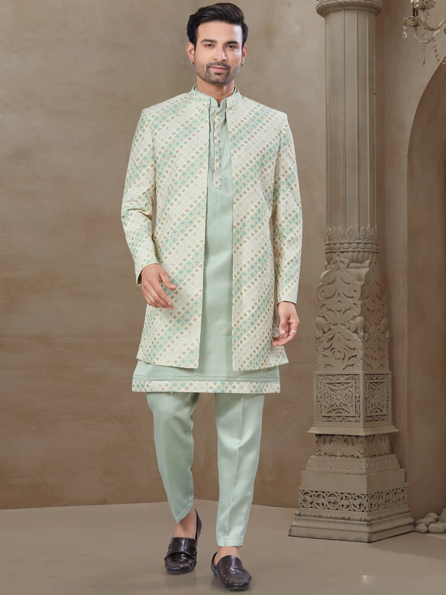 Premium Pista Green Ethnic Suit | Mysore Silk Jacket with Elegant Work