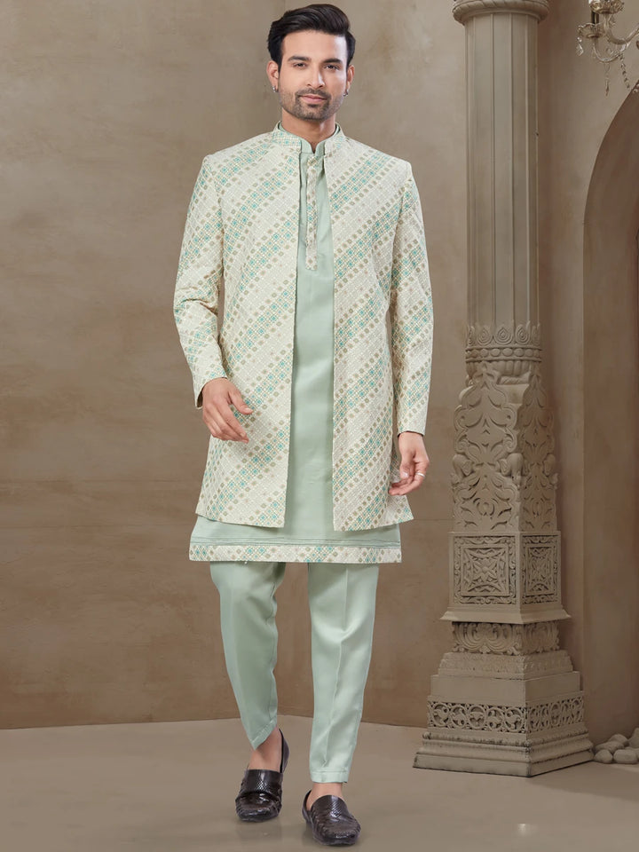 Premium Pista Green Ethnic Suit | Mysore Silk Jacket with Elegant Work