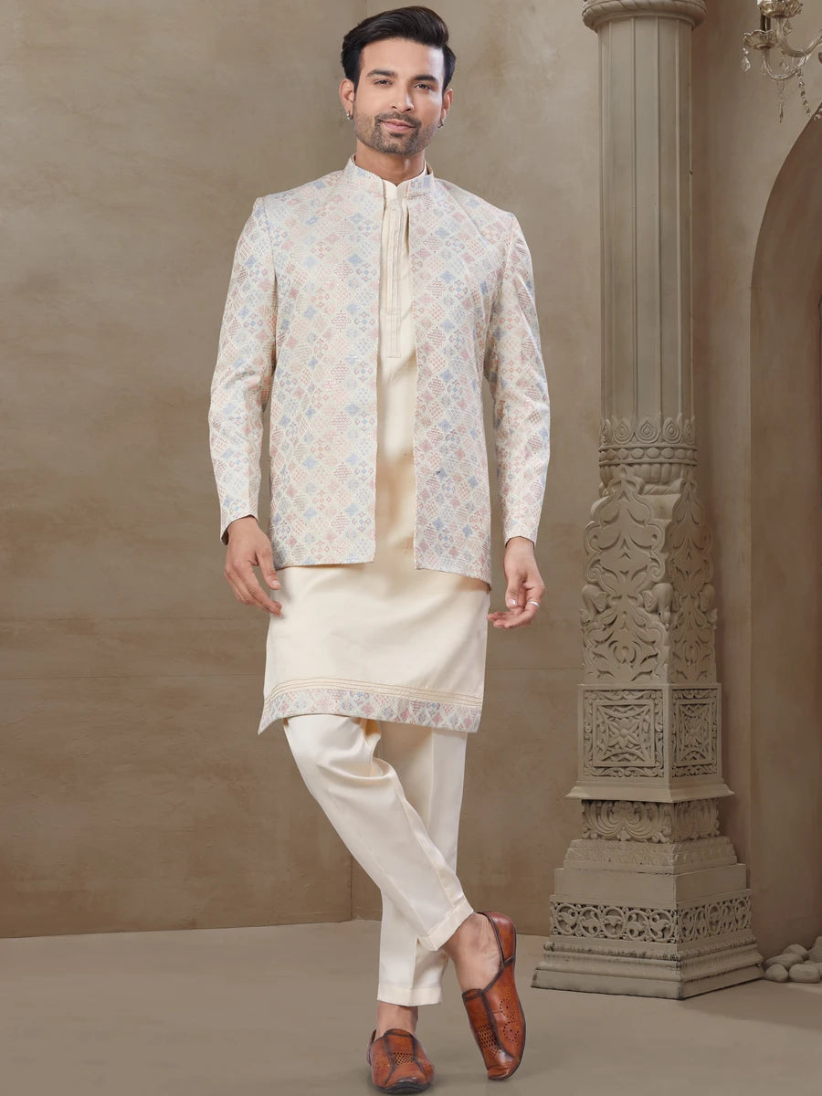 Elegant Cream Indo-Western Suit | Malai Silk with Jacquard Embroidered Jacket