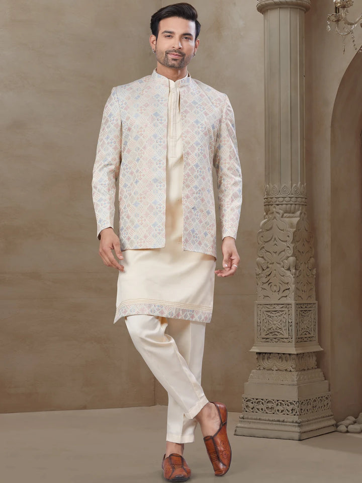 Elegant Cream Indo-Western Suit | Malai Silk with Jacquard Embroidered Jacket