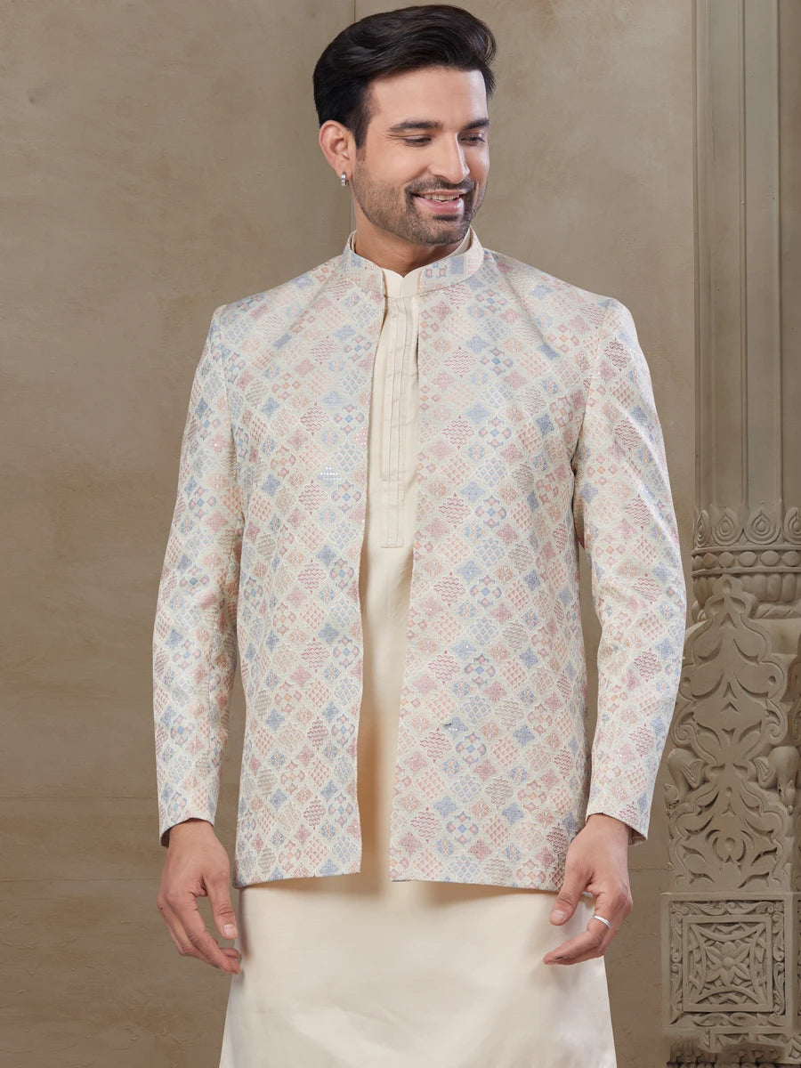 Elegant Cream Indo-Western Suit | Malai Silk with Jacquard Embroidered Jacket