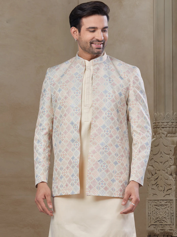 Elegant Cream Indo-Western Suit | Malai Silk with Jacquard Embroidered Jacket