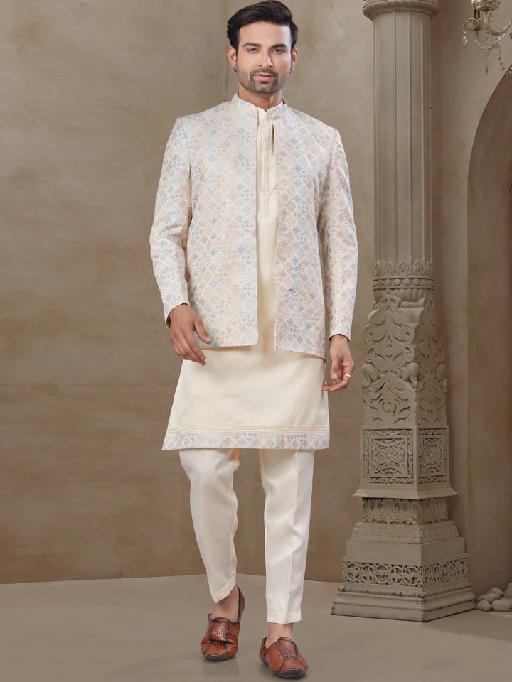Elegant Cream Indo-Western Suit | Malai Silk with Jacquard Embroidered Jacket
