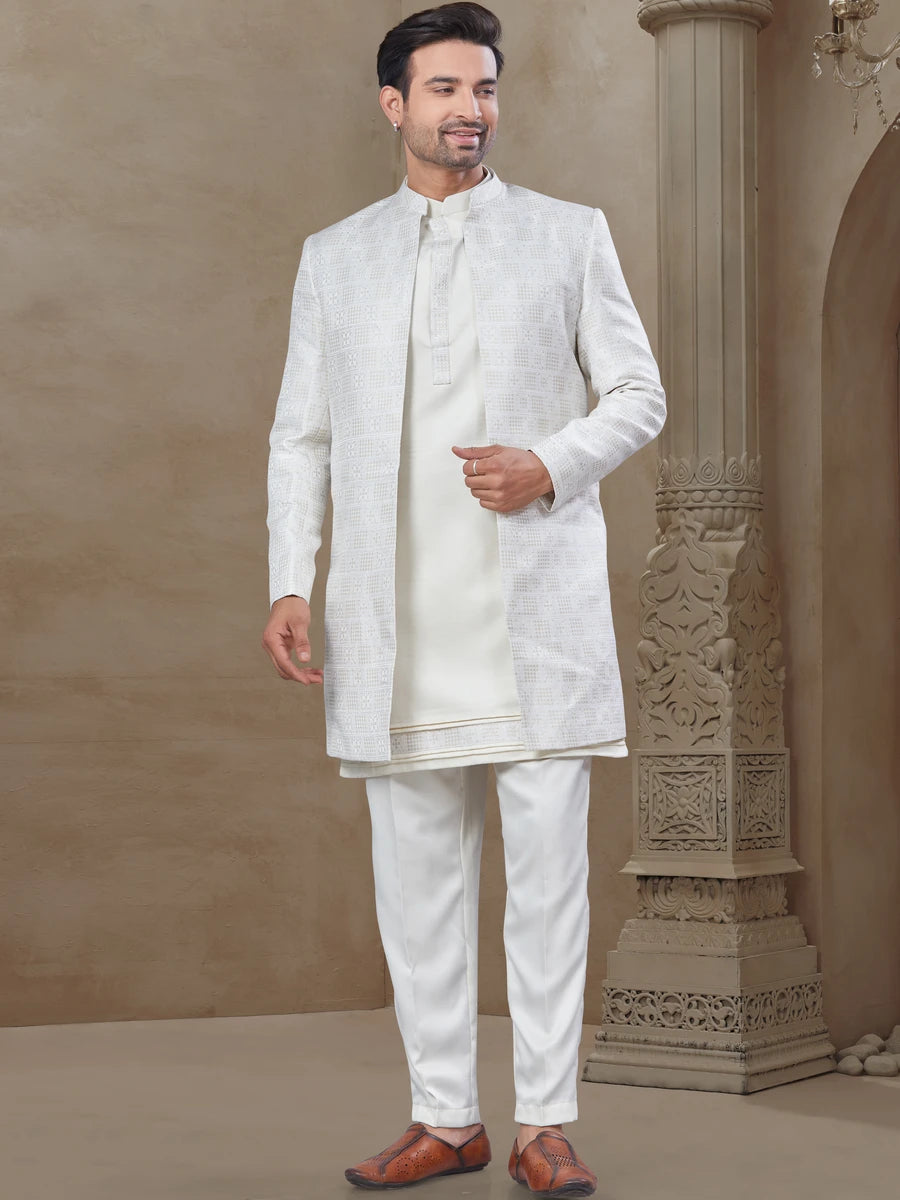 Sophisticated White Indowestern Outfit | Premium Malai Silk & Position Printed Work