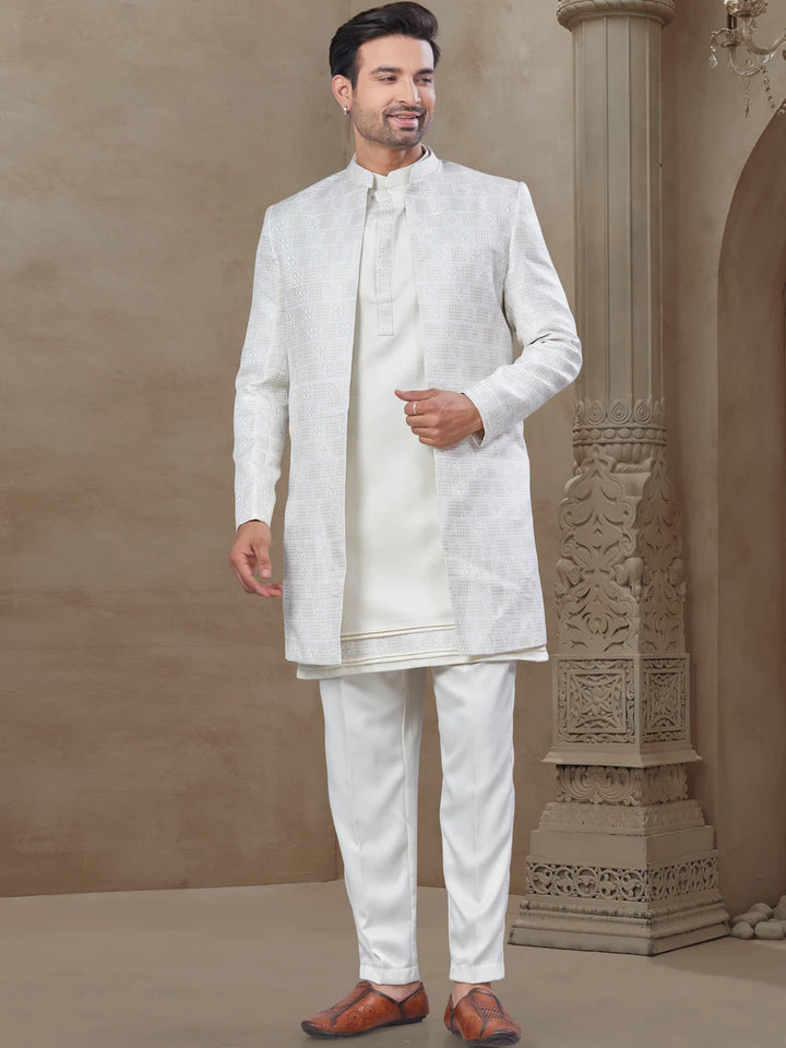 Sophisticated White Indowestern Outfit | Premium Malai Silk & Position Printed Work
