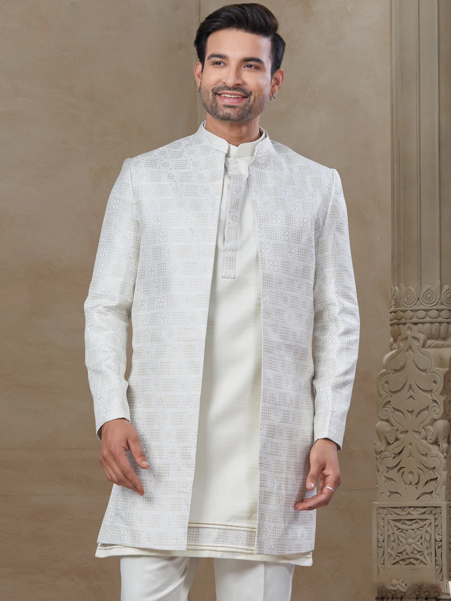 Sophisticated White Indowestern Outfit | Premium Malai Silk & Position Printed Work