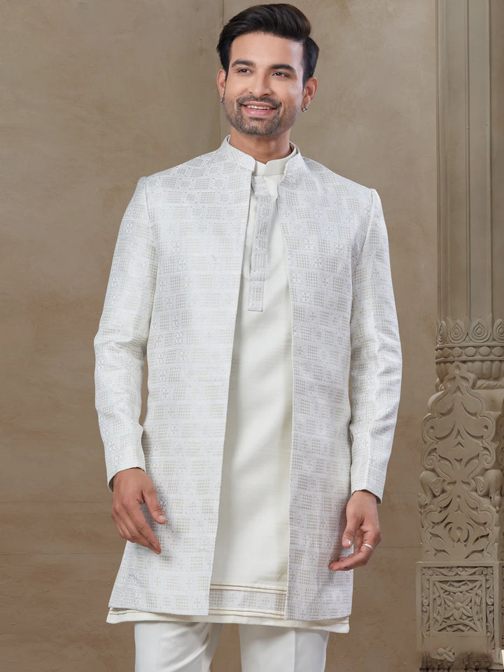 Sophisticated White Indowestern Outfit | Premium Malai Silk & Position Printed Work