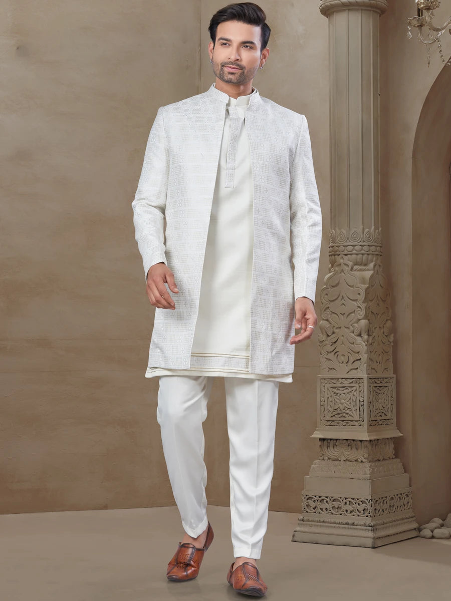 Sophisticated White Indowestern Outfit | Premium Malai Silk & Position Printed Work