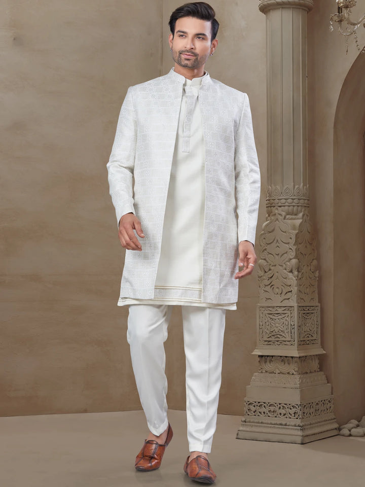 Sophisticated White Indowestern Outfit | Premium Malai Silk & Position Printed Work
