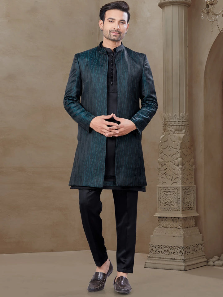 Fashionable Designer Black Ethnic Suit | Jacquard Jacket & Embroidery Work Partywear