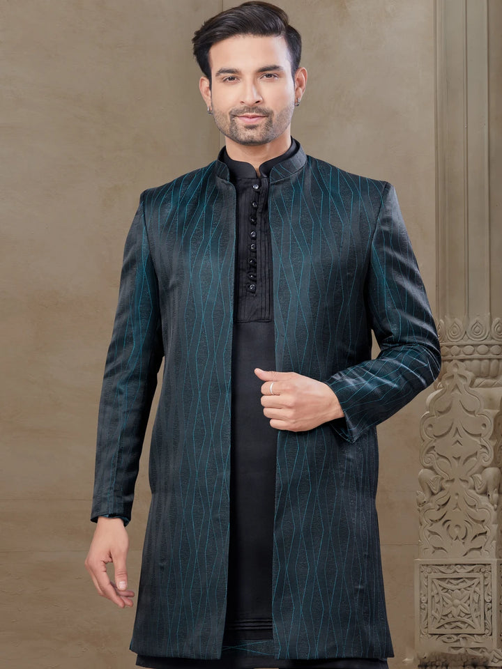 Fashionable Designer Black Ethnic Suit | Jacquard Jacket & Embroidery Work Partywear