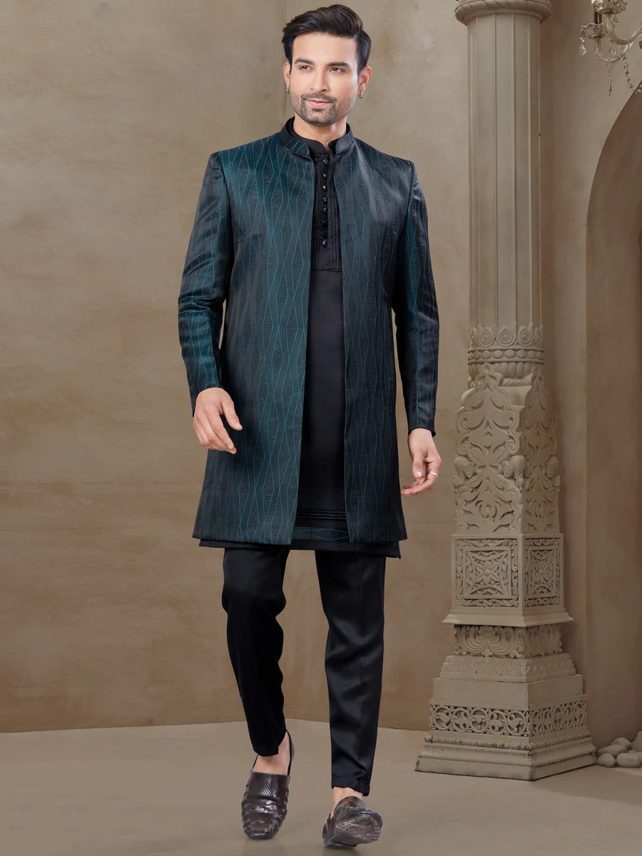 Fashionable Designer Black Ethnic Suit | Jacquard Jacket & Embroidery Work Partywear