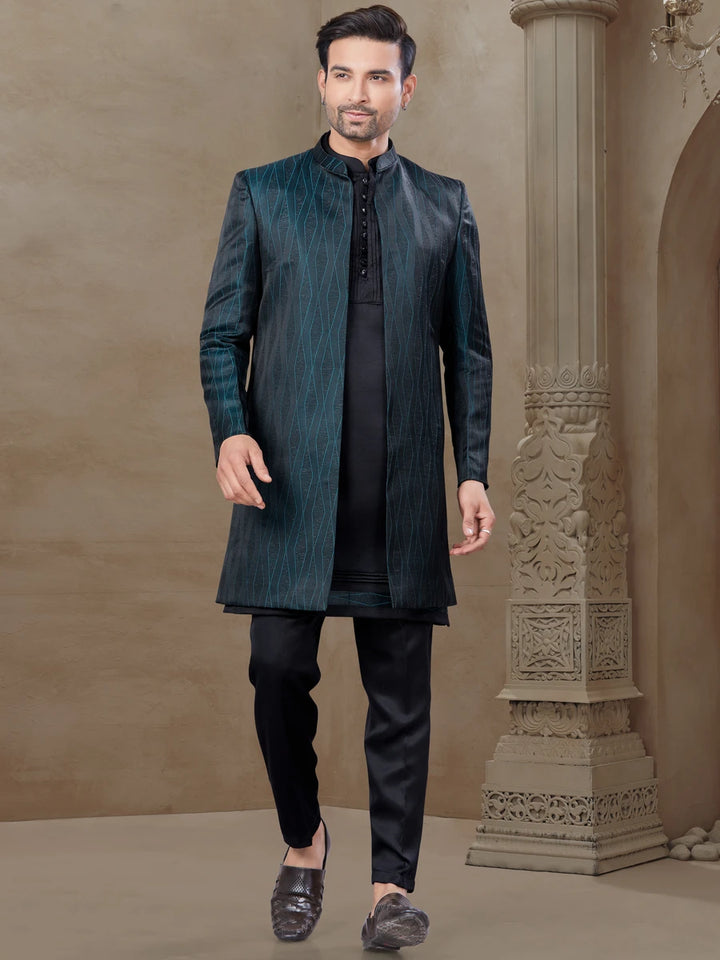 Fashionable Designer Black Ethnic Suit | Jacquard Jacket & Embroidery Work Partywear