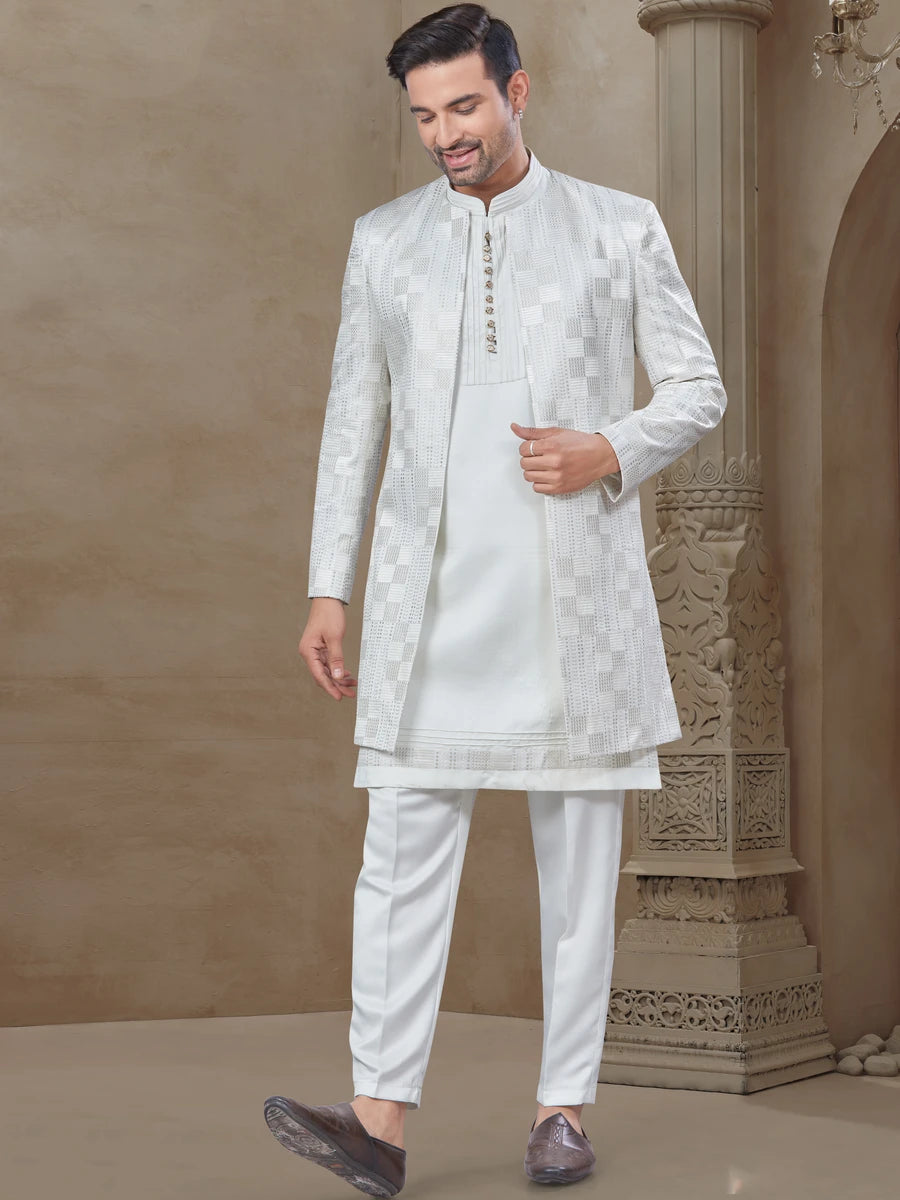 Ethnic White Men's Suit | Embroidered Jacquard Jacket with Silk Bottom