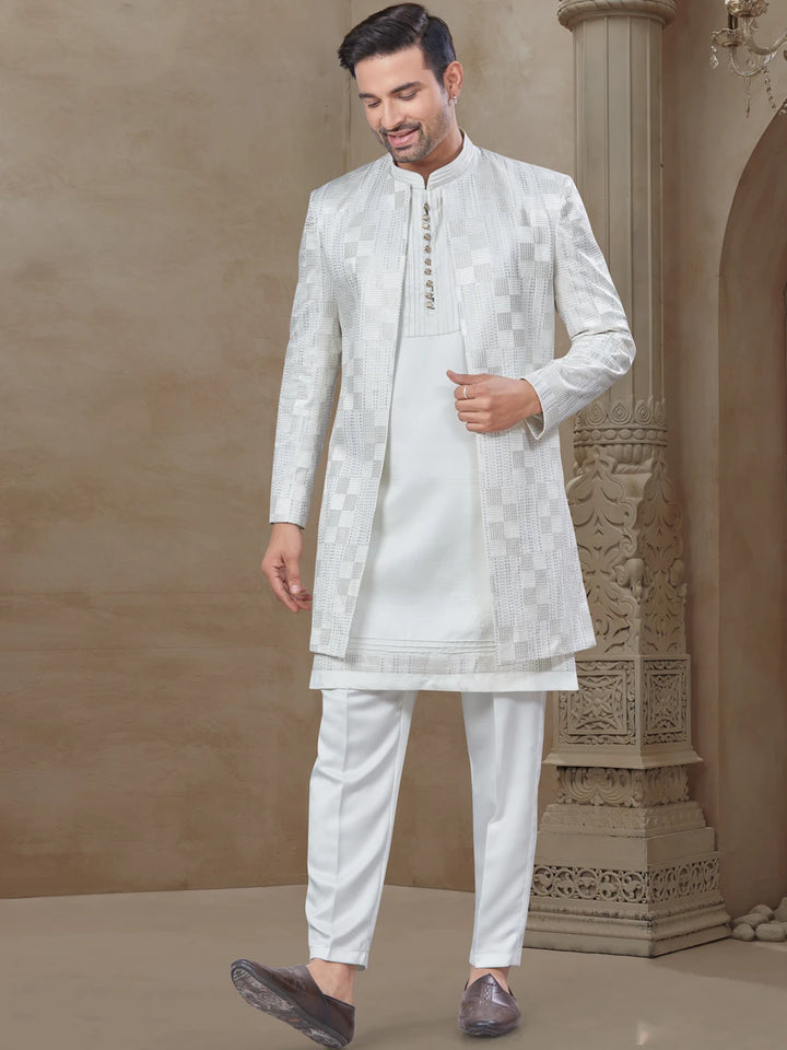 Ethnic White Men's Suit | Embroidered Jacquard Jacket with Silk Bottom