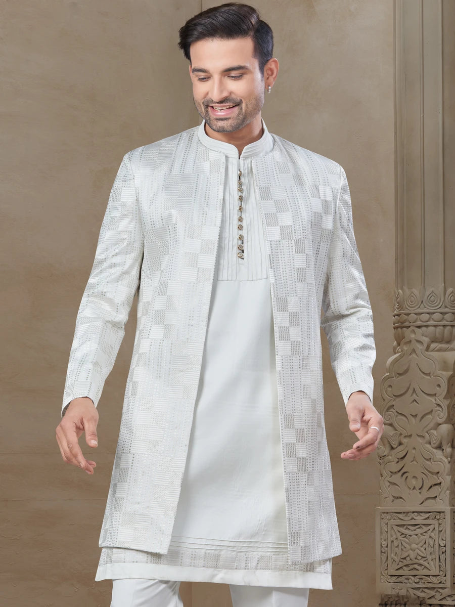 Ethnic White Men's Suit | Embroidered Jacquard Jacket with Silk Bottom