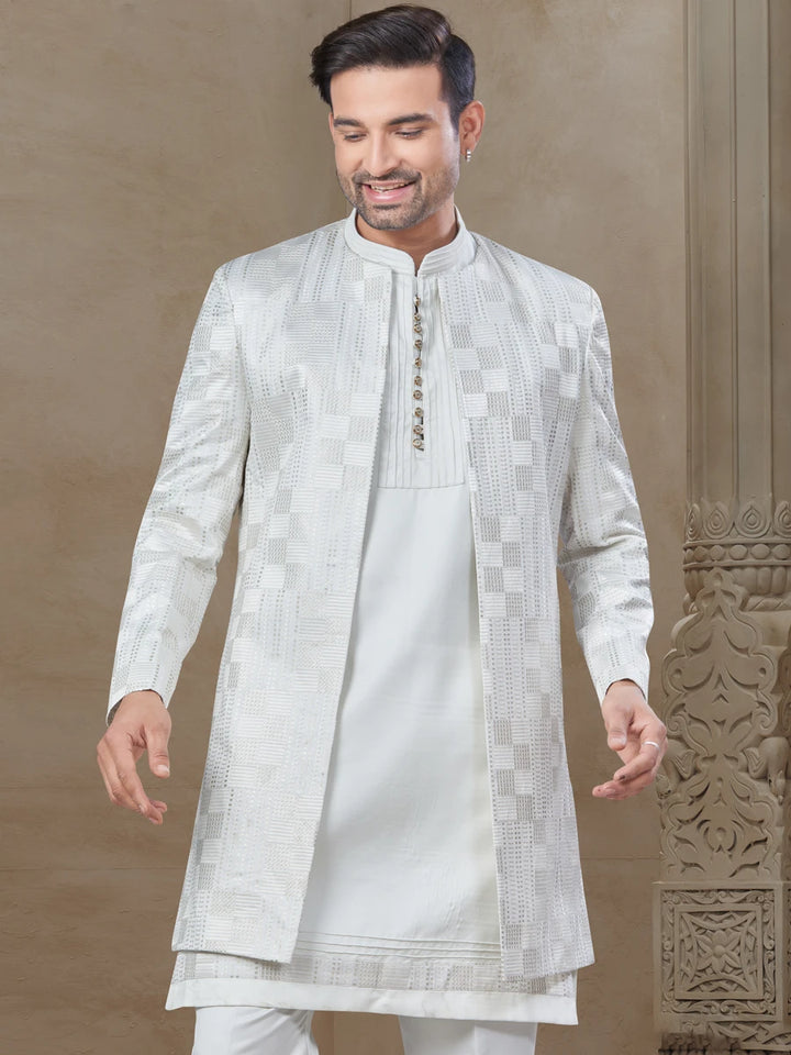 Ethnic White Men's Suit | Embroidered Jacquard Jacket with Silk Bottom