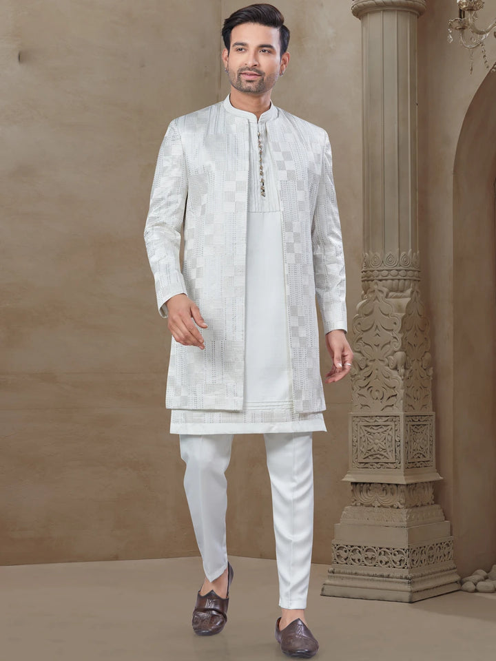 Ethnic White Men's Suit | Embroidered Jacquard Jacket with Silk Bottom