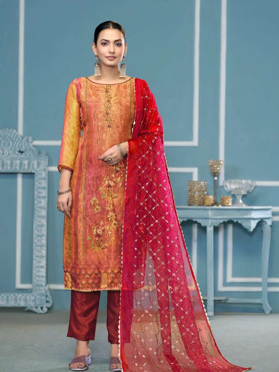 Multicolor Shimmer Silk Salwar Kameez | Embroidery & Hand Work Dupatta